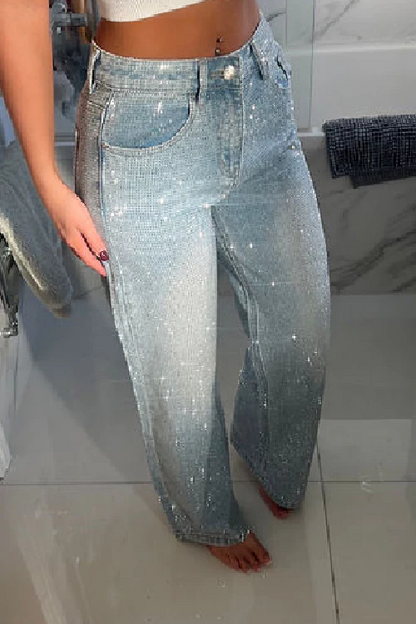 Pantalon décontracté en denim avec strass pour femme 