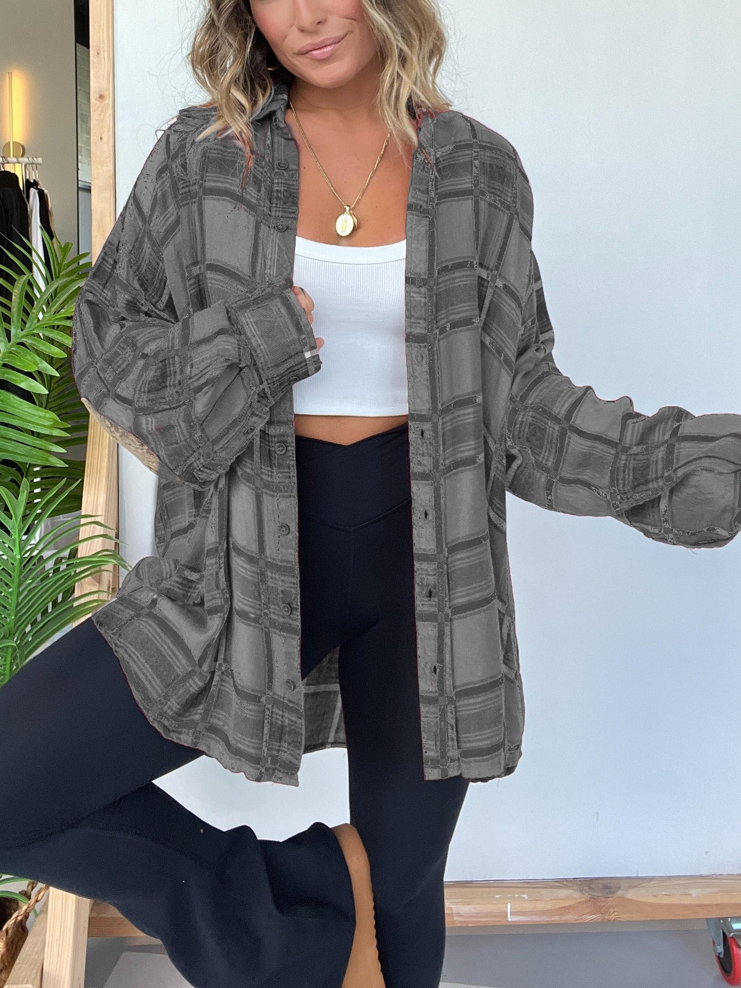 Chemise boutonnée à carreaux pour femme avec détails aux coudes (2 pièces achetées, livraison gratuite)