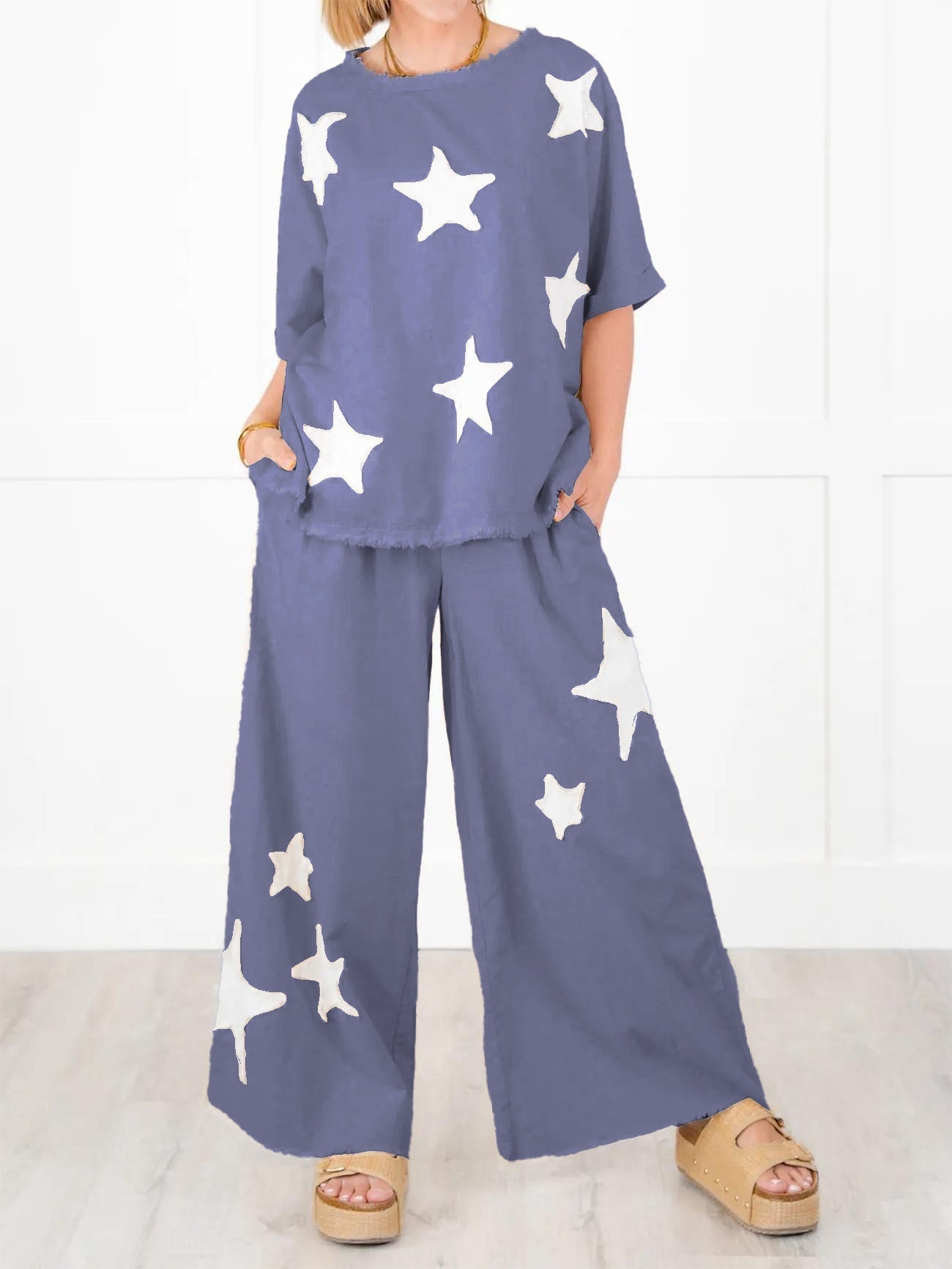 Lässiges zweiteiliges Set mit Stern-Patch für Damen (2 Stück kaufen, kostenloser Versand)