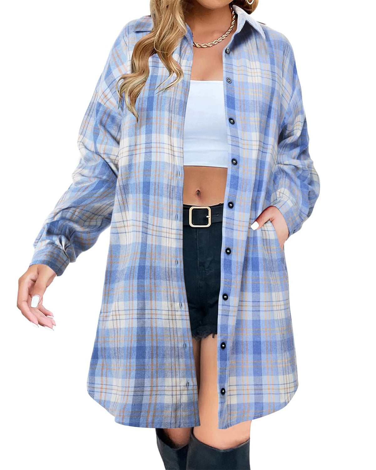 Damen Button-Down-Flanellhemden mit Karomuster (2 Stück kaufen, kostenloser Versand)