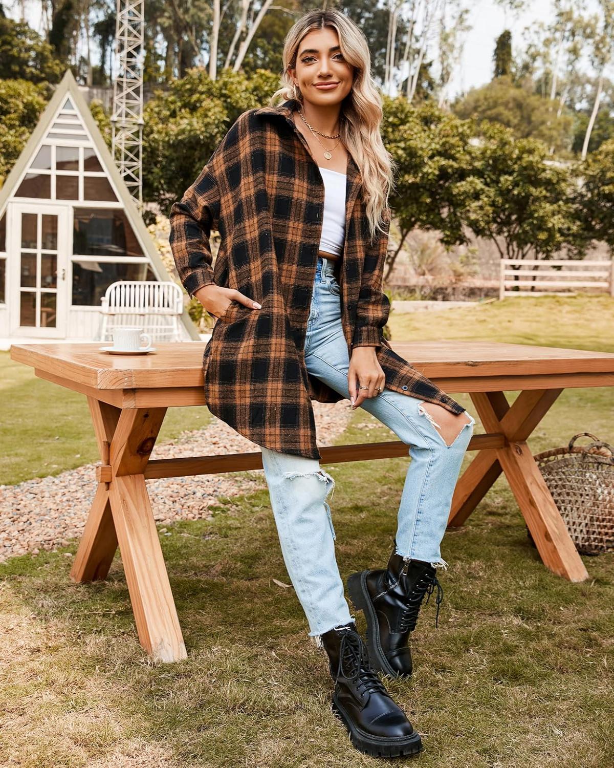 Damen Button-Down-Flanellhemden mit Karomuster (2 Stück kaufen, kostenloser Versand)
