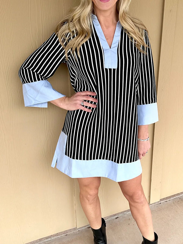 Robe chemise rayée à col en V pour femme 