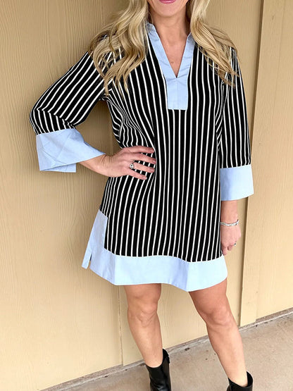 Robe chemise rayée à col en V pour femme 