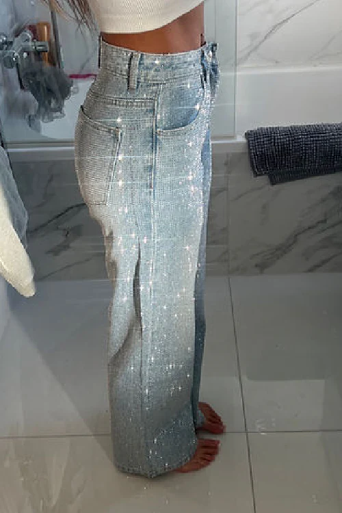 Pantalon décontracté en denim avec strass pour femme 