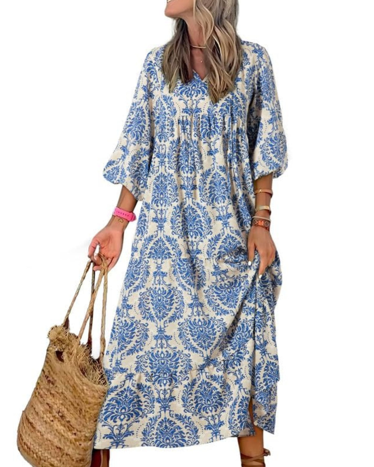 Robe longue bohème fleurie à manches bouffantes pour femme (2 pièces achetées, livraison gratuite)