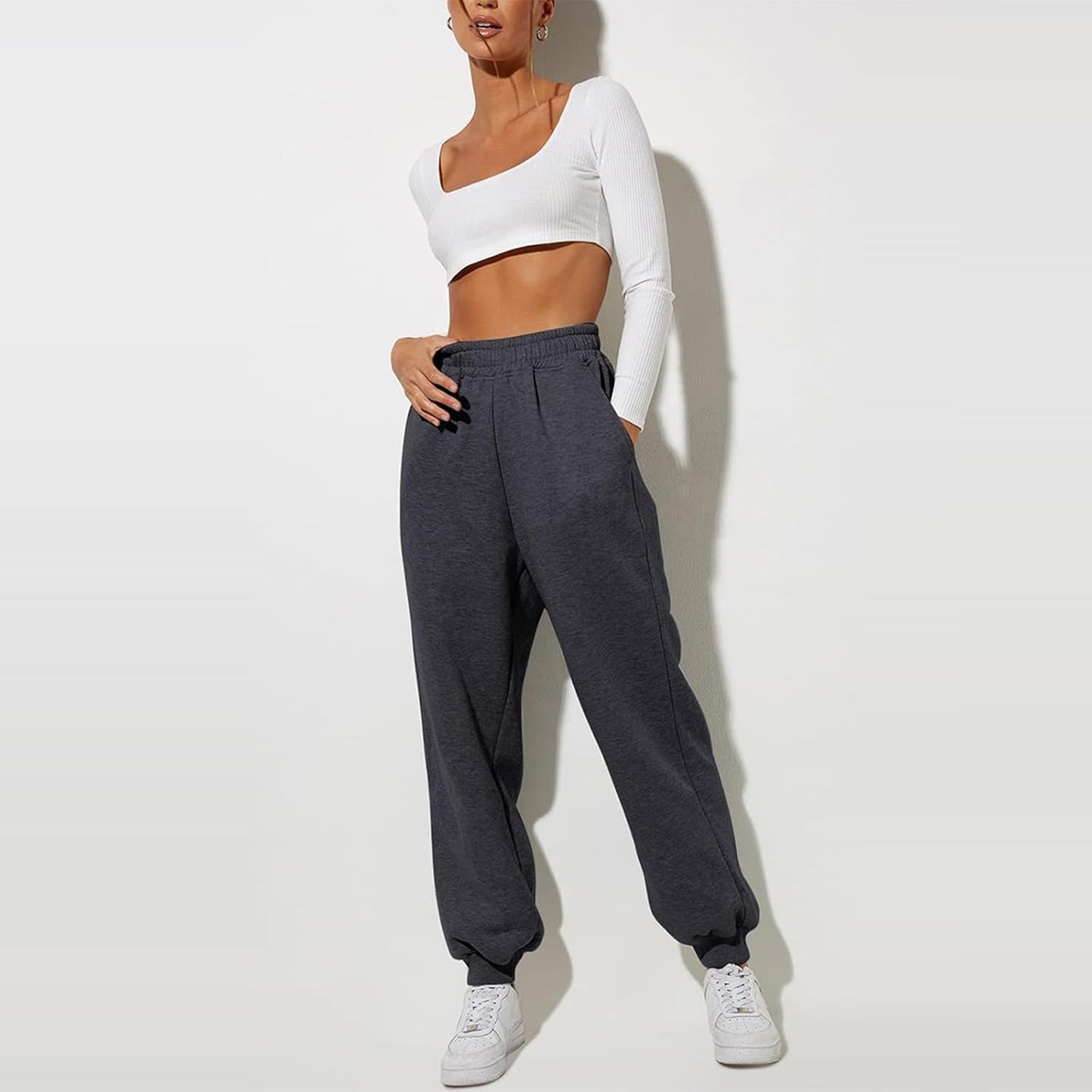 Damen High Waist Baggy Sweatpants Bequeme Jogginghose aus Baumwolle 
