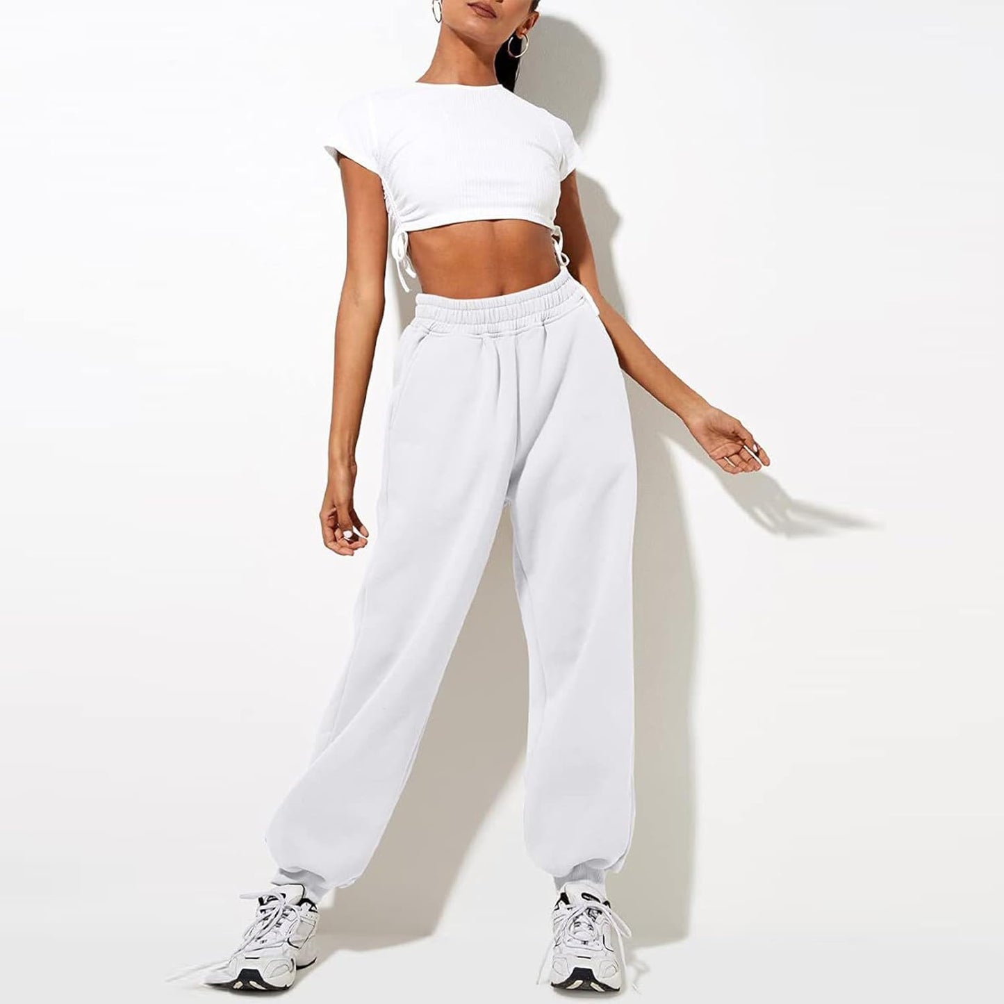Damen High Waist Baggy Sweatpants Bequeme Jogginghose aus Baumwolle 