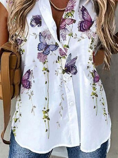 Chemise à revers à manches courtes et imprimé floral papillon