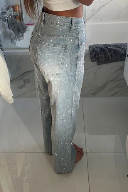 Pantalon décontracté en denim avec strass pour femme 