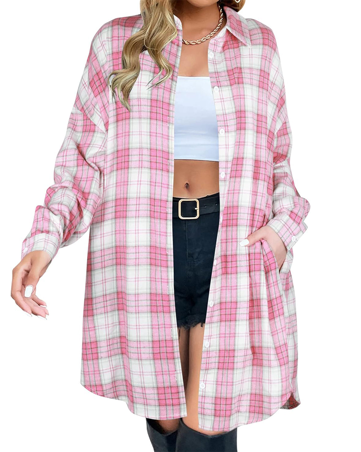 Damen Button-Down-Flanellhemden mit Karomuster (2 Stück kaufen, kostenloser Versand)