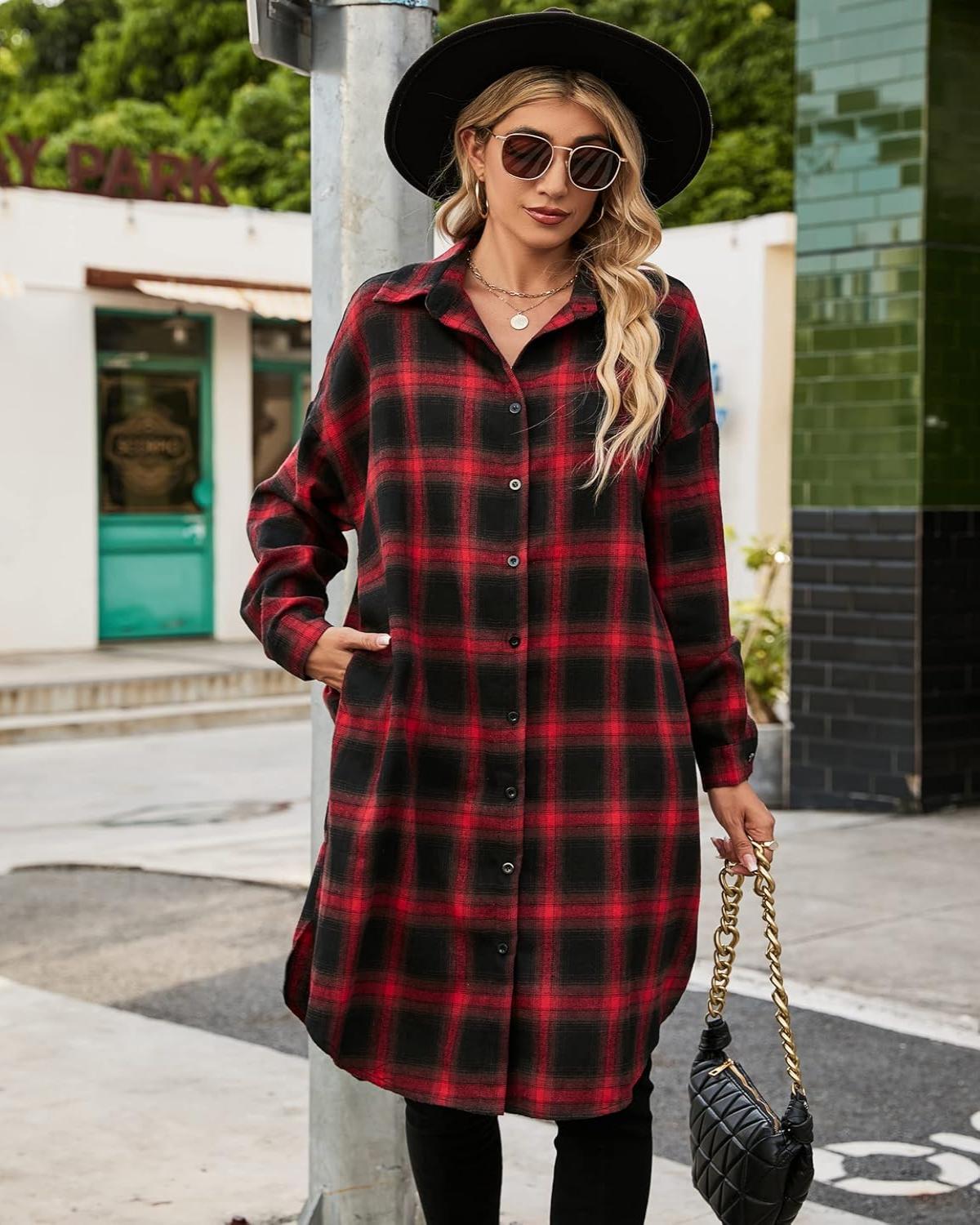 Damen Button-Down-Flanellhemden mit Karomuster (2 Stück kaufen, kostenloser Versand)