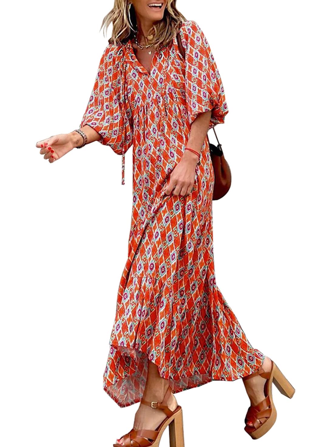 Robe longue bohème fleurie à manches bouffantes pour femme (2 pièces achetées, livraison gratuite)