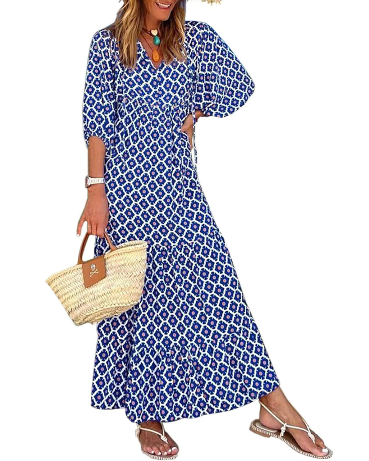 Robe longue bohème fleurie à manches bouffantes pour femme (2 pièces achetées, livraison gratuite)