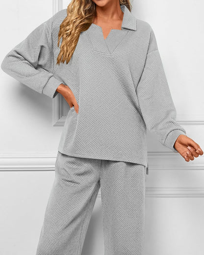 Ensembles de détente texturés à col en V et revers pour femmes (2 pièces achetées, livraison gratuite)