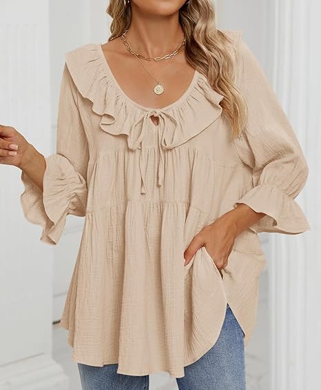 Babydoll-Bluse mit 3/4-Ärmeln und Rüschen zum Binden vorne für Damen (2 Stück kaufen, kostenloser Versand)