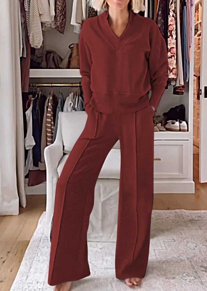 Ensemble deux pièces haut et pantalon à col en V pour femme (2 pièces achetées, livraison gratuite)
