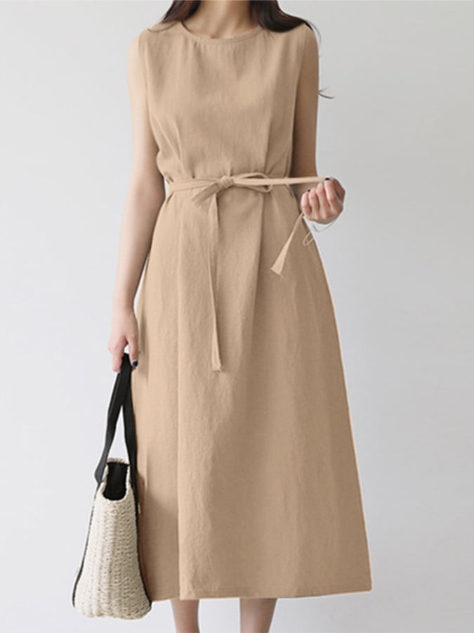 Lässiges, einfarbiges, ärmelloses Damenkleid mit O-Ausschnitt 