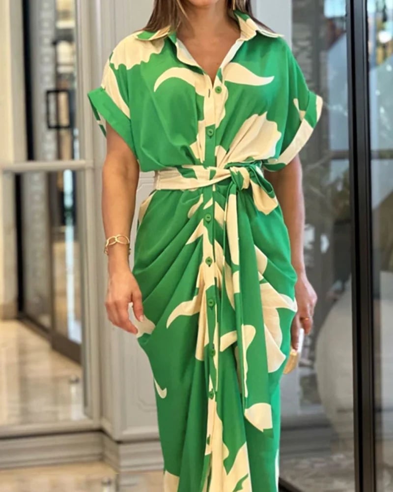 🔥Robe chemise décontractée à col à revers et taille imprimée🔥
