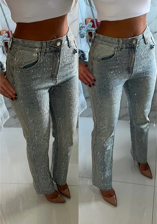 Pantalon décontracté en denim avec strass pour femme 