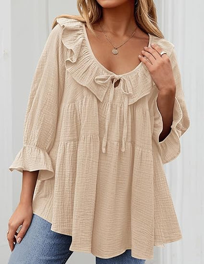 Babydoll-Bluse mit 3/4-Ärmeln und Rüschen zum Binden vorne für Damen (2 Stück kaufen, kostenloser Versand)