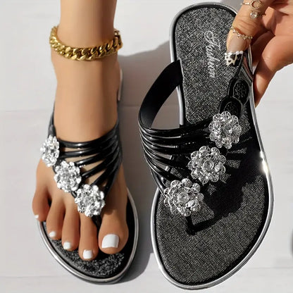 🔥DERNIER JOUR -50% - Tongs plates à fleurs pour femmes, à la mode, à bout ouvert, antidérapantes 