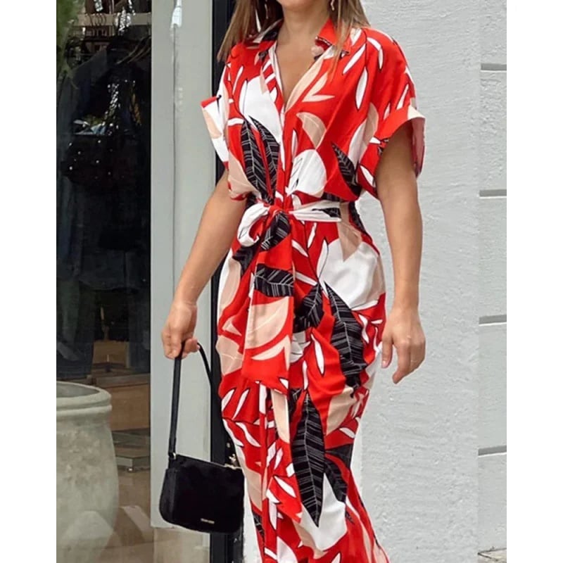 🔥Robe chemise décontractée à col à revers et taille imprimée🔥