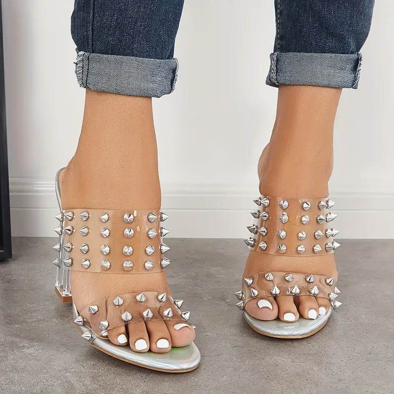 🔥 Promotion du dernier jour - 50 % de réduction - Sandales à talons hauts épais et transparents pour femmes, cloutées et à double bride 