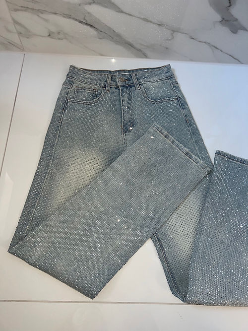 Pantalon décontracté en denim avec strass pour femme 