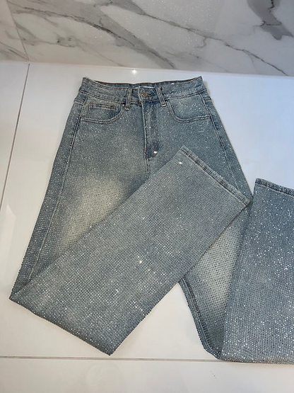 Pantalon décontracté en denim avec strass pour femme 