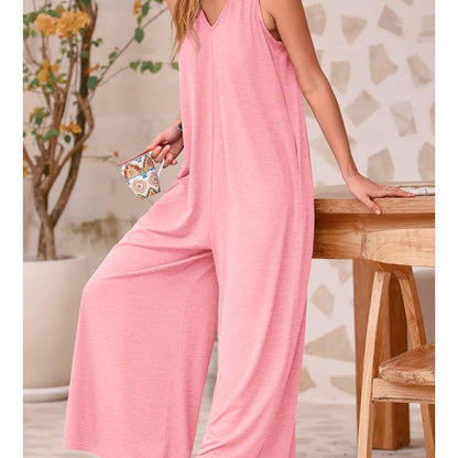 Damen Casual Sommer Overall Jumpsuits Ärmellos Tank V-Ausschnitt Weites Bein Lose Einteiliger Strampler