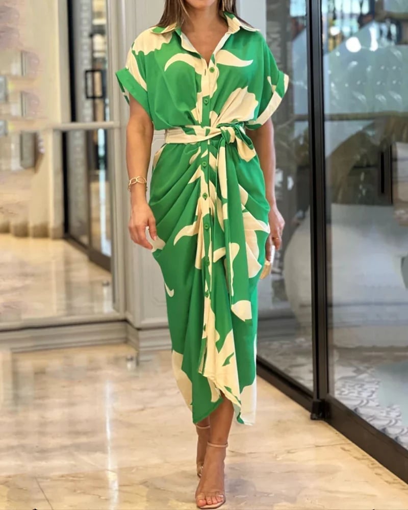 🔥Robe chemise décontractée à col à revers et taille imprimée🔥