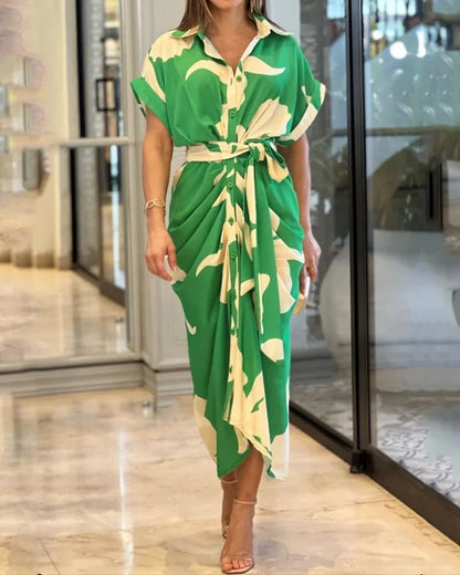 🔥Robe chemise décontractée à col à revers et taille imprimée🔥