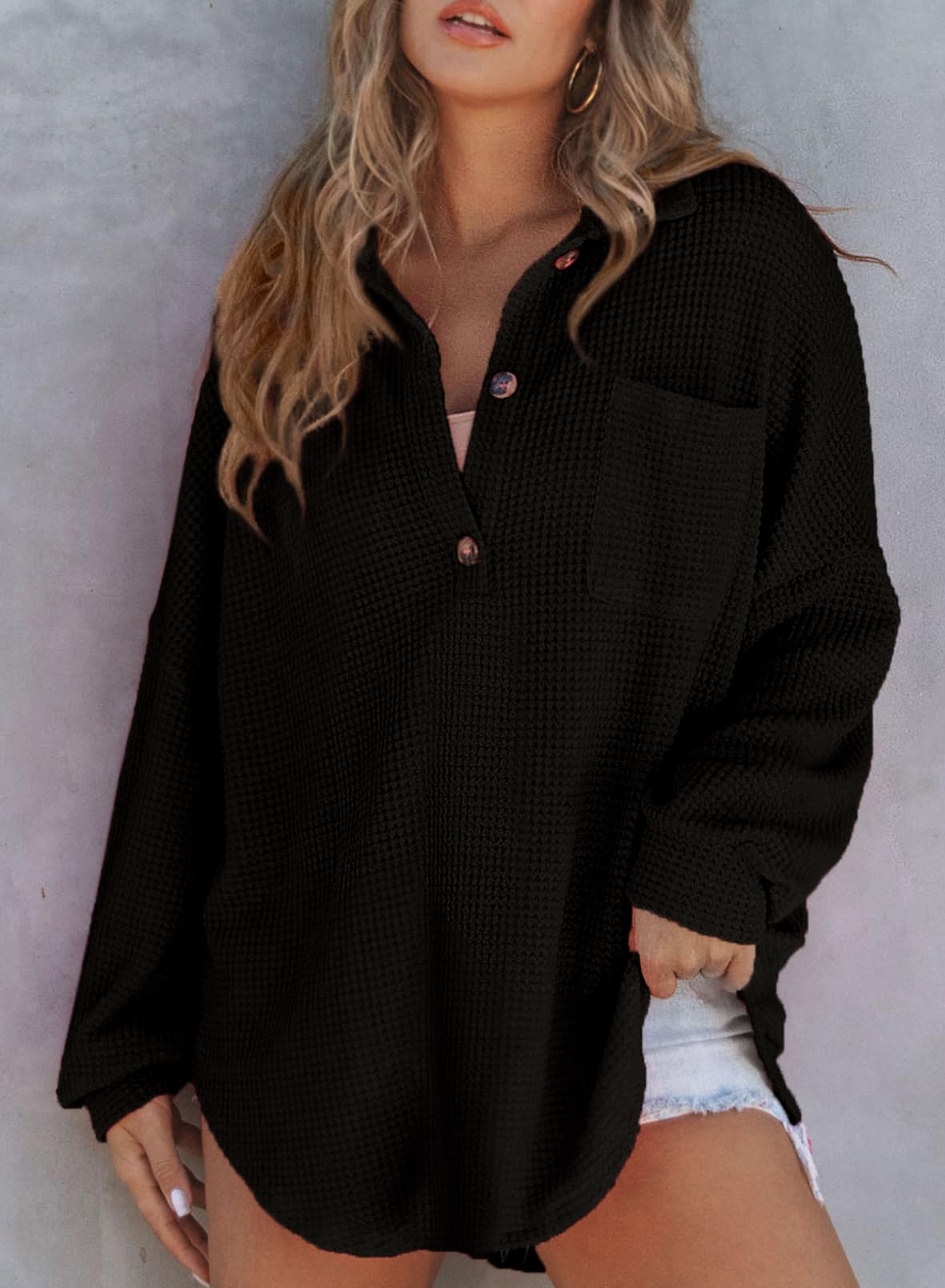Sweat-shirt à manches longues en tricot gaufré pour femme (2 achetés, livraison gratuite)