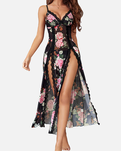 SheCurve@ Sexy Mesh V Neck Side Split Nightdress