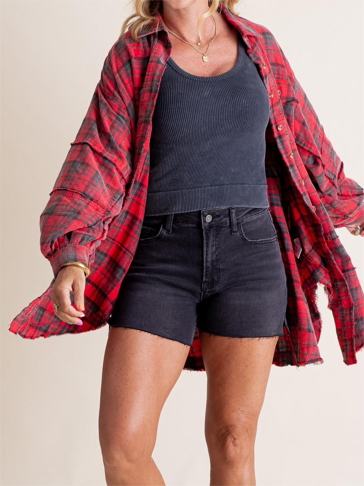 Chemise boutonnée en flanelle à carreaux délavée minérale pour femme (2 pièces achetées, livraison gratuite)