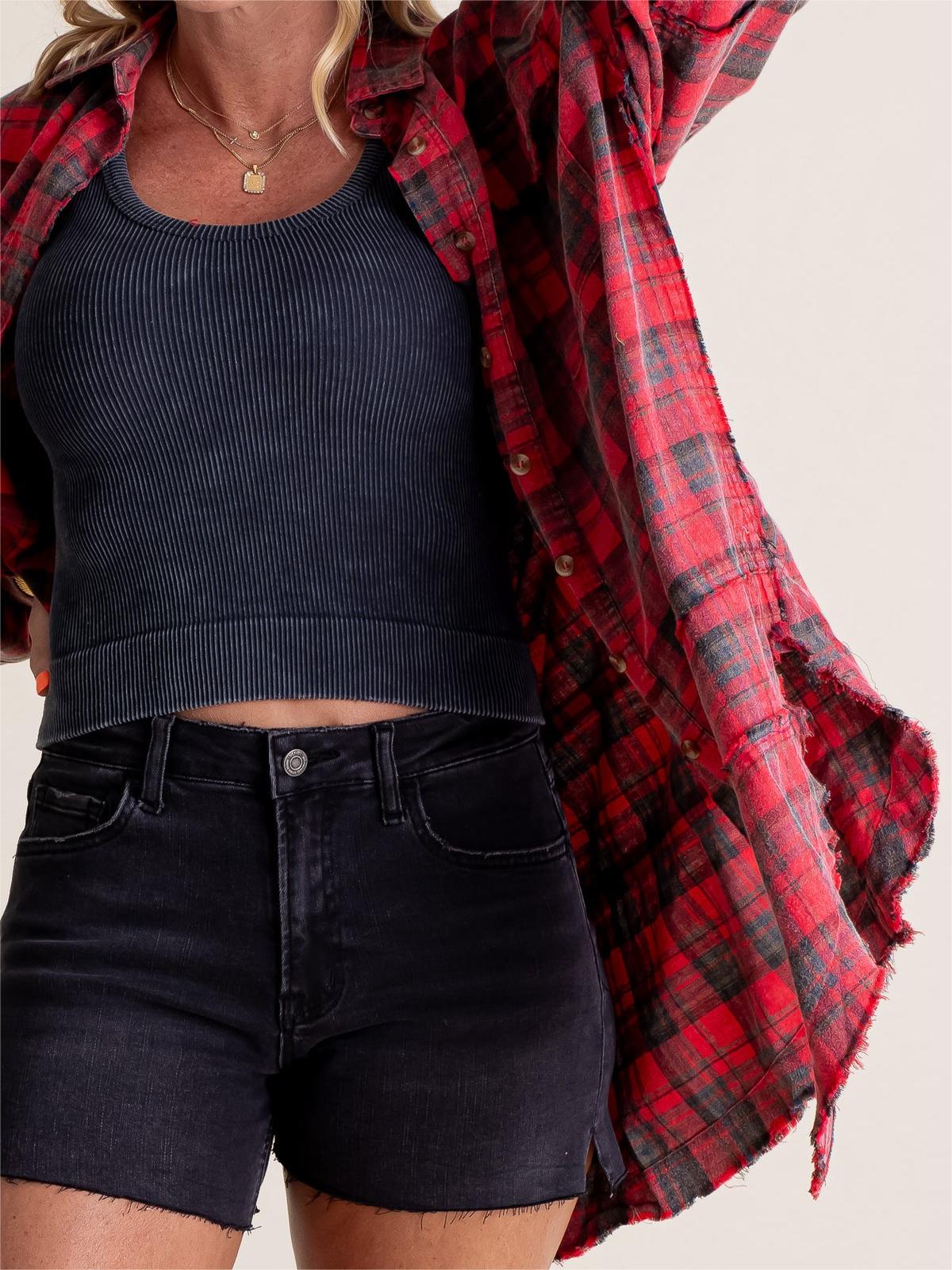 Chemise boutonnée en flanelle à carreaux délavée minérale pour femme (2 pièces achetées, livraison gratuite)