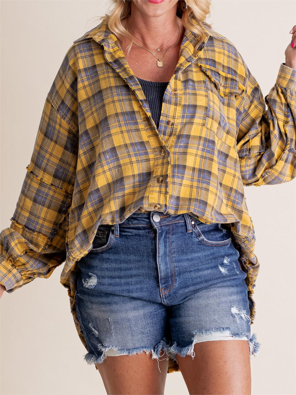 Chemise boutonnée en flanelle à carreaux délavée minérale pour femme (2 pièces achetées, livraison gratuite)