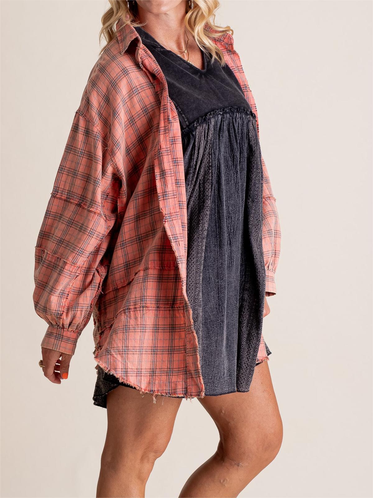Chemise boutonnée en flanelle à carreaux délavée minérale pour femme (2 pièces achetées, livraison gratuite)