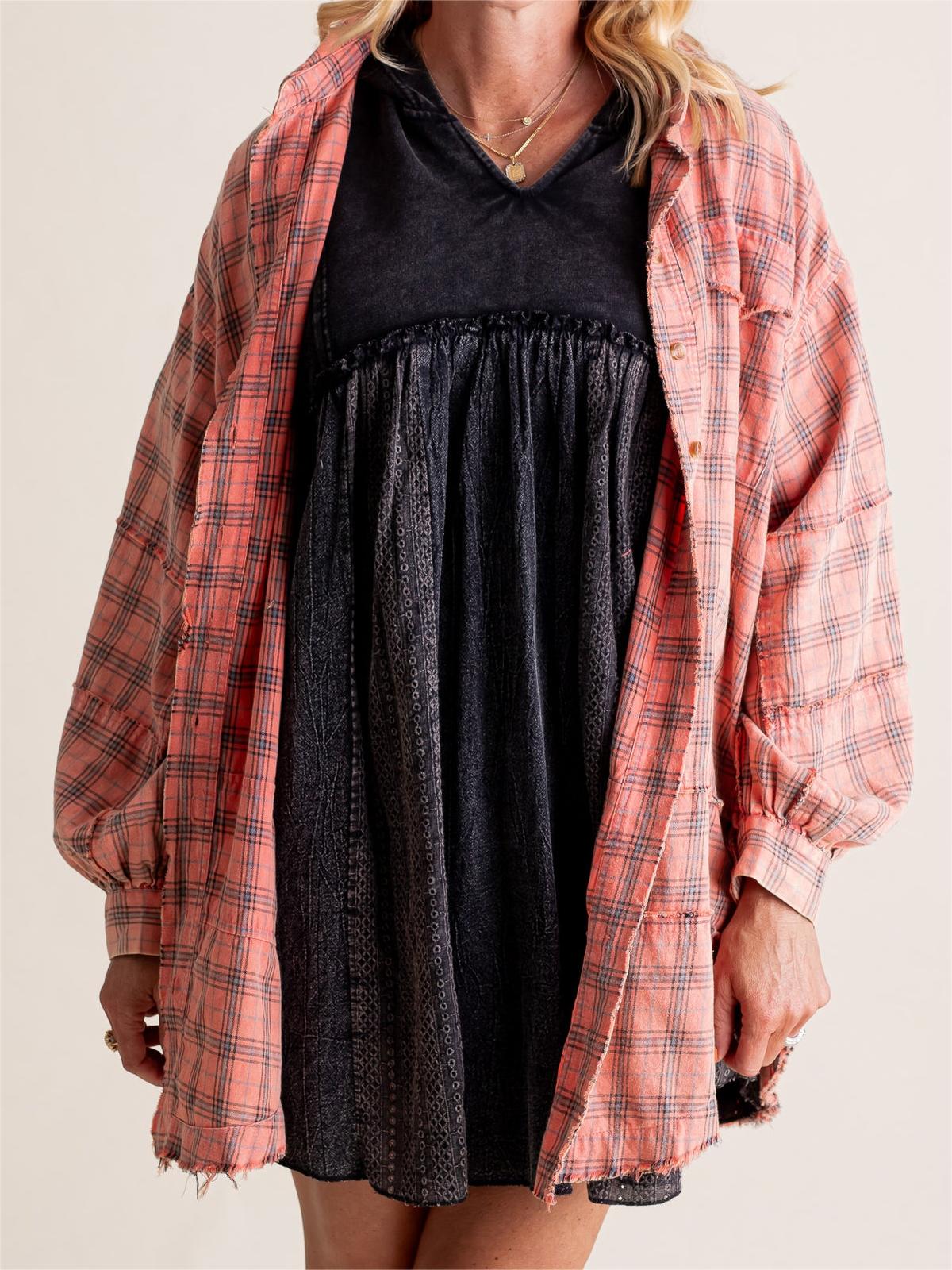 Chemise boutonnée en flanelle à carreaux délavée minérale pour femme (2 pièces achetées, livraison gratuite)