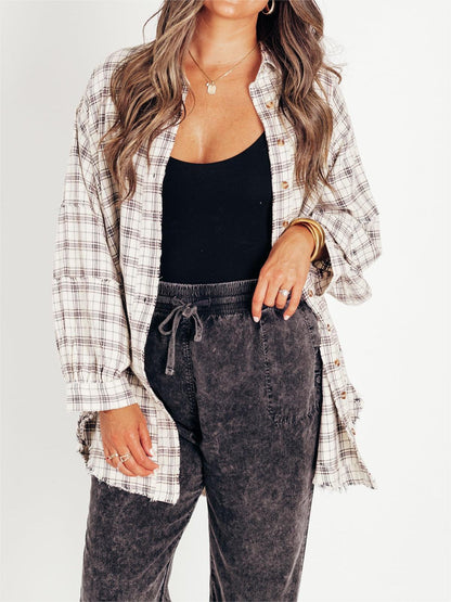 Chemise boutonnée en flanelle à carreaux délavée minérale pour femme (2 pièces achetées, livraison gratuite)