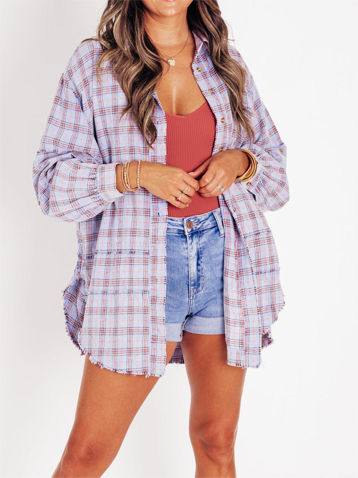 Chemise boutonnée en flanelle à carreaux délavée minérale pour femme (2 pièces achetées, livraison gratuite)