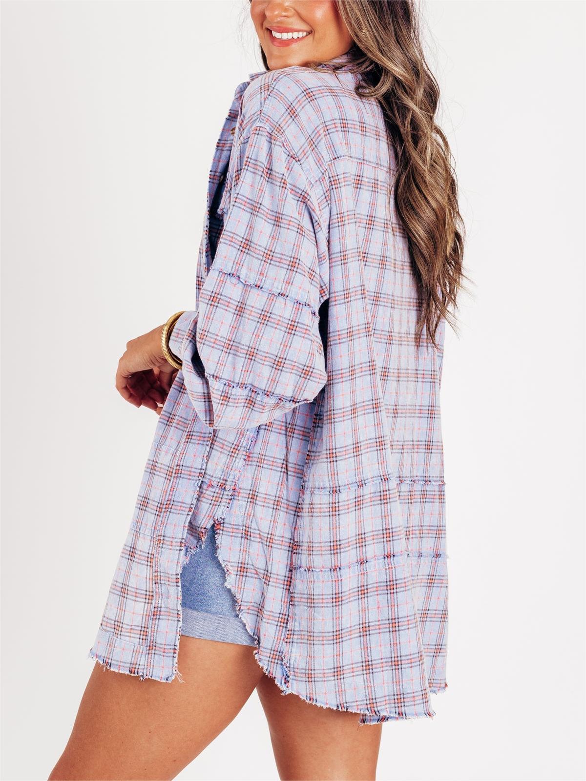 Chemise boutonnée en flanelle à carreaux délavée minérale pour femme (2 pièces achetées, livraison gratuite)
