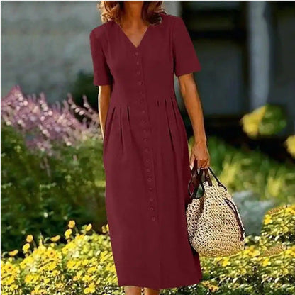 Aprikosenfarbenes, schlichtes, kurzärmliges Midikleid 