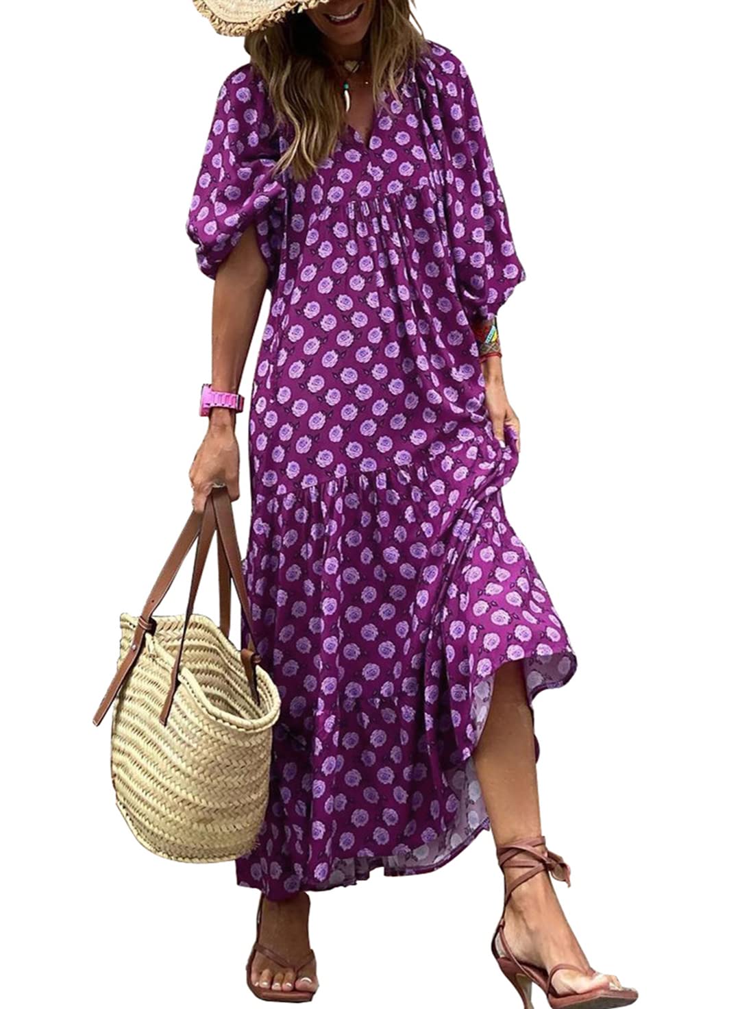 Robe longue bohème fleurie à manches bouffantes pour femme (2 pièces achetées, livraison gratuite)