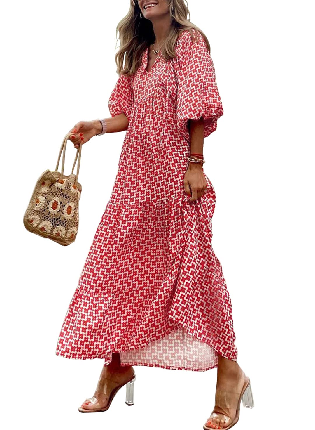 Robe longue bohème fleurie à manches bouffantes pour femme (2 pièces achetées, livraison gratuite)