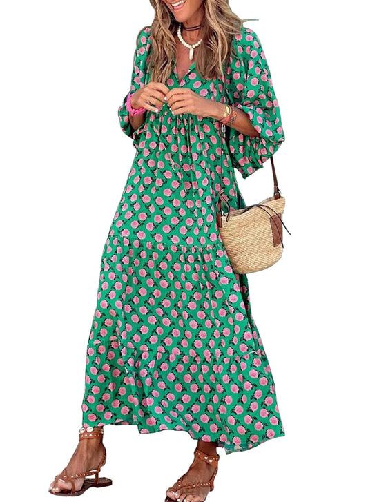 Robe longue bohème fleurie à manches bouffantes pour femme (2 pièces achetées, livraison gratuite)