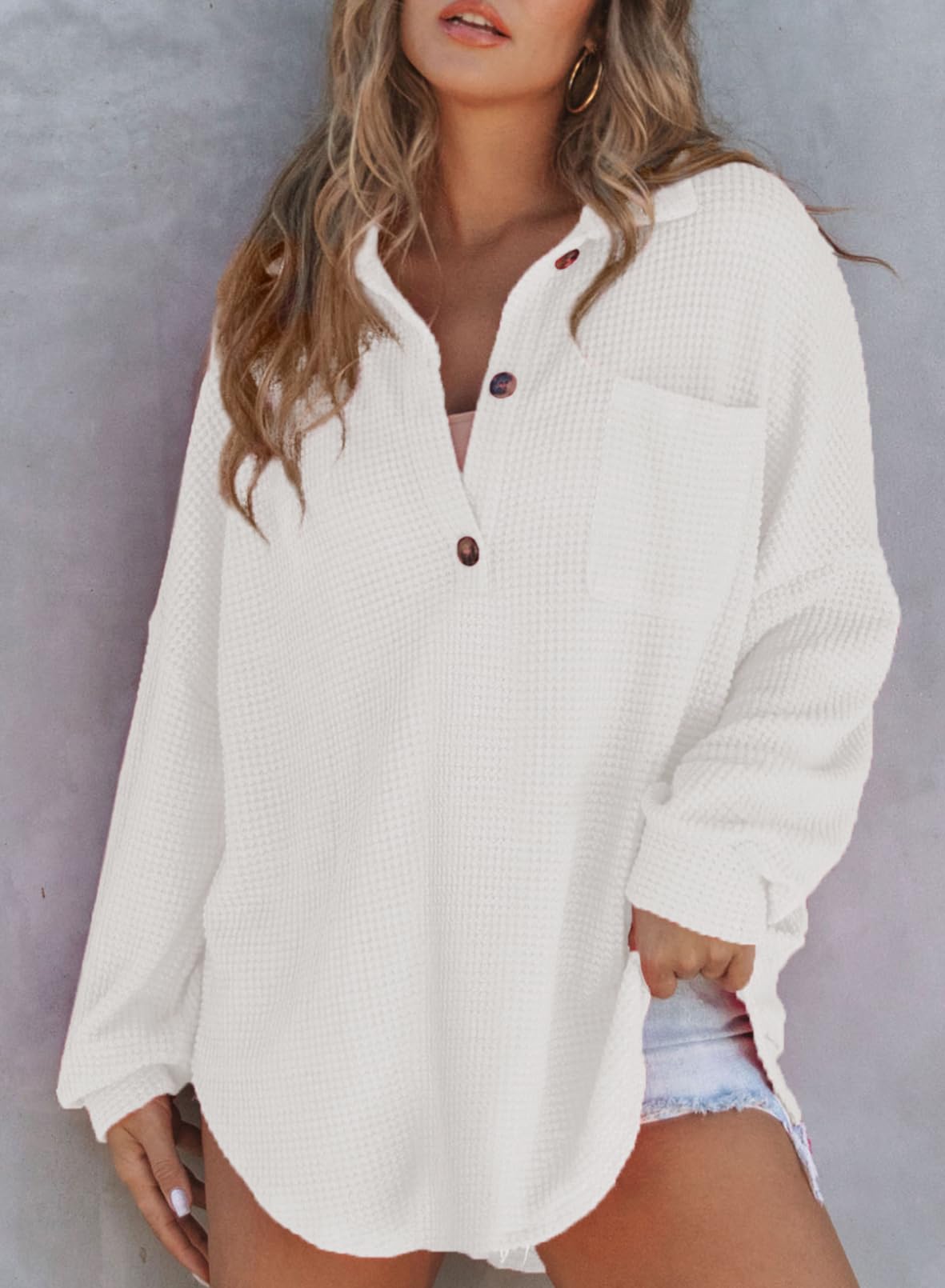 Sweat-shirt à manches longues en tricot gaufré pour femme (2 achetés, livraison gratuite)