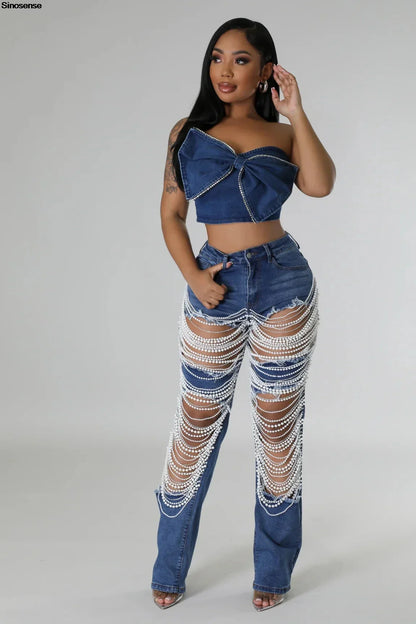 Women's Destroyed Ripped Hole Denim Pants Pearl Rhinestones Chain Distressed Slim Fit Skinny Jeans Y2K Night Club Party Jeans