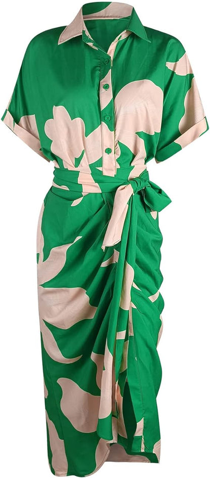 🔥Robe chemise décontractée à col à revers et taille imprimée🔥