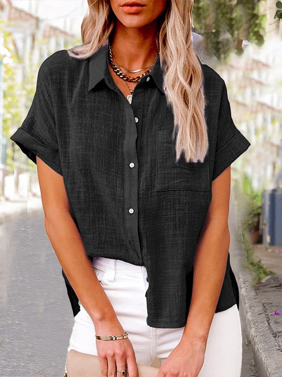 Chemise en coton et lin à manches courtes et poches de couleur unie pour femme 